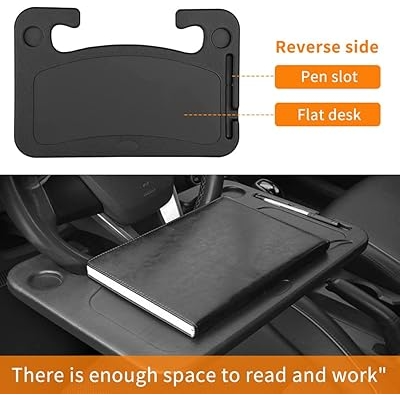 Portable Car Steering Wheel Desk with Cup Holder and Pen Slot, Fits Most Vehicles, 2-Sided Design for Eating and Working on the Go